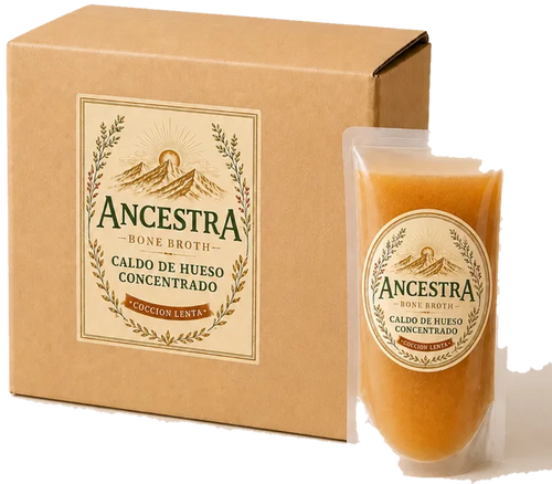 Caja de Ancestra con un pouch de caldo de hueso concentrado